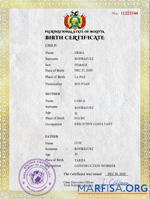 Blank Bolivia vital record birth certificate PSD template